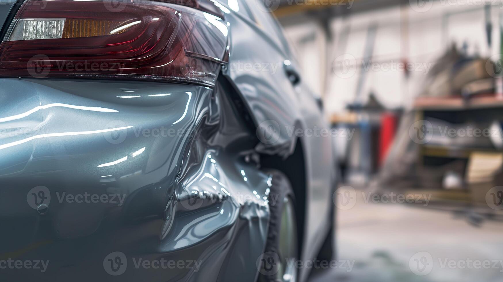 AI generated Car Repair, Close-Up of Grey Car's Rear Bumper Dent, Preparation for Painting photo