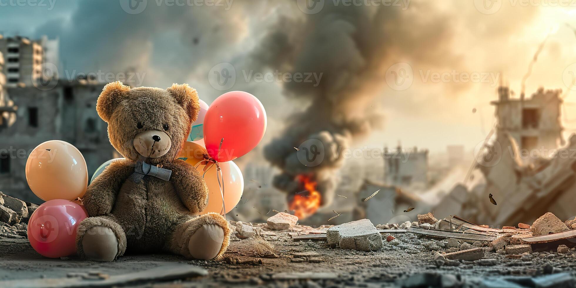 AI generated Teddy Bear Amidst Devastation, Symbol of Hope and Innocence photo