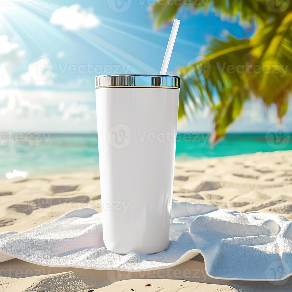 AI generated Beach Essentials, Blank White Tumbler on Sandy Towel photo