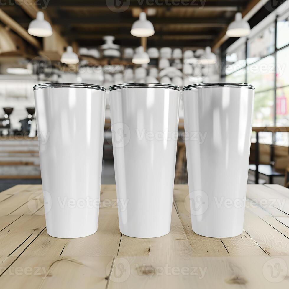 AI generated Stylish Cafe Scene, Tall Tumbler Product Mockup on Wooden Table photo