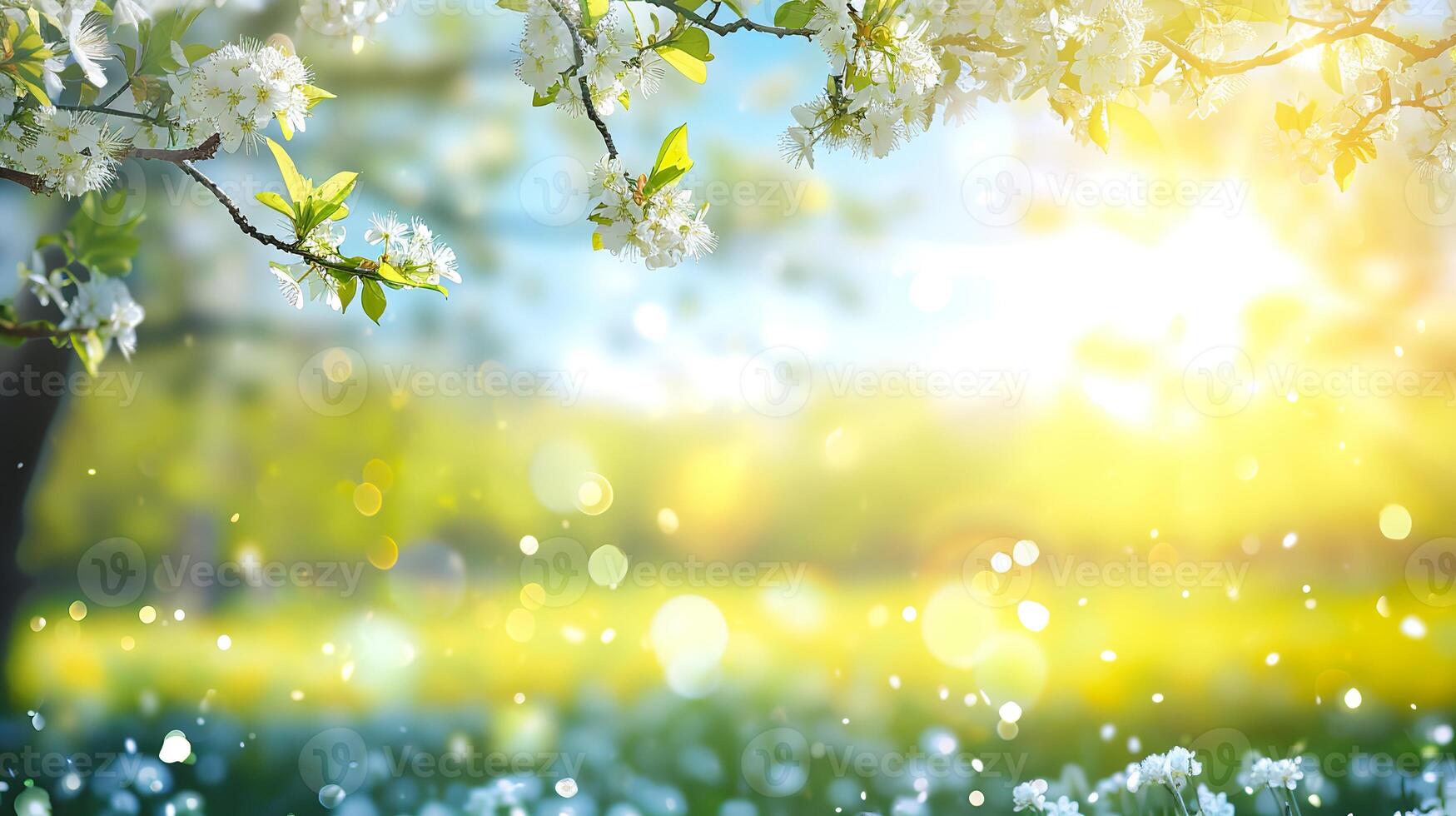 AI generated Sunny Day in Nature, Blurred Spring Background with Blooming Trees and Blue Sky photo