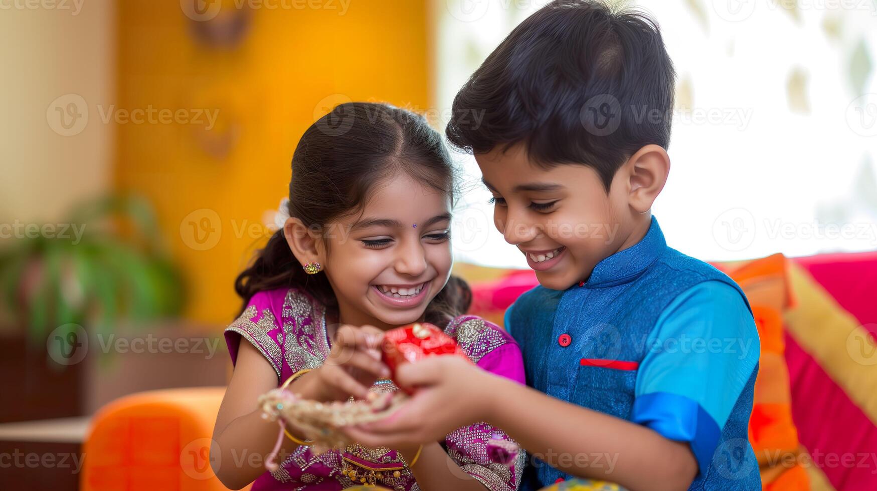 ai generado raksha Bandhan celebracion, contento indio hermano dando regalo a hermana a hogar foto