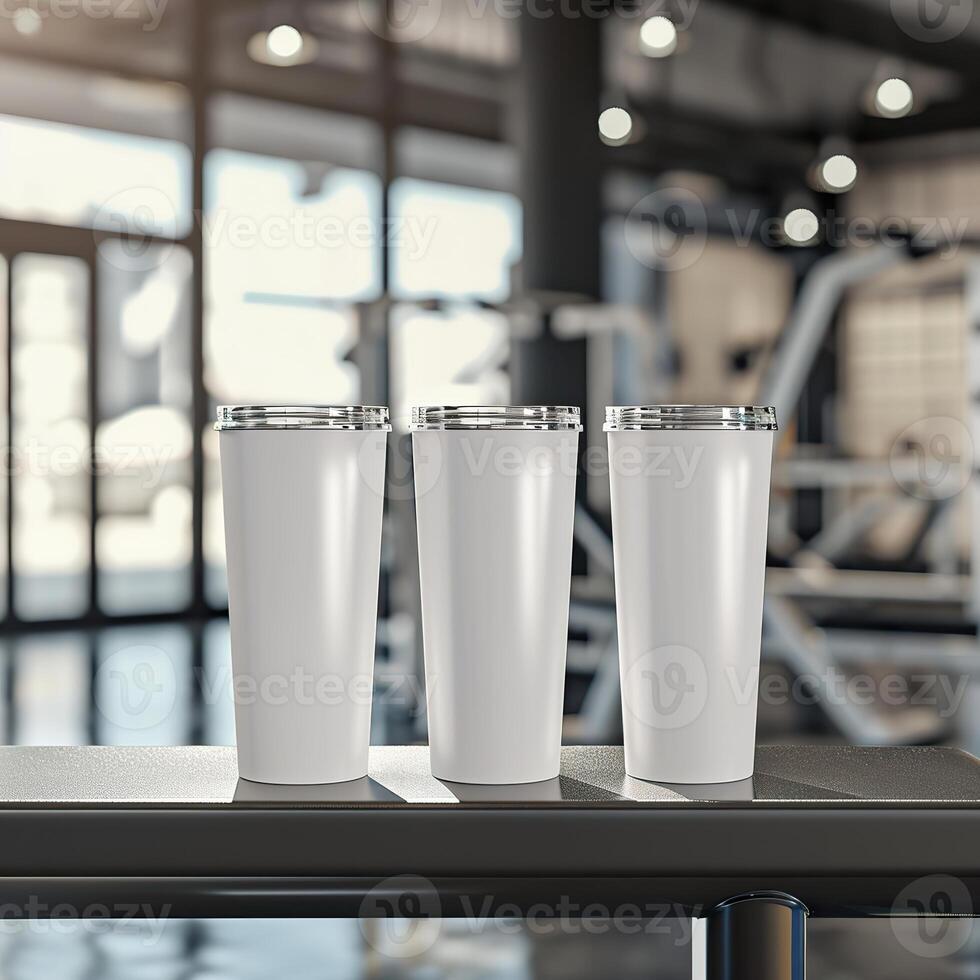 AI generated Fitness Essentials, Short Tumbler Product Mockup on Gym Bench photo