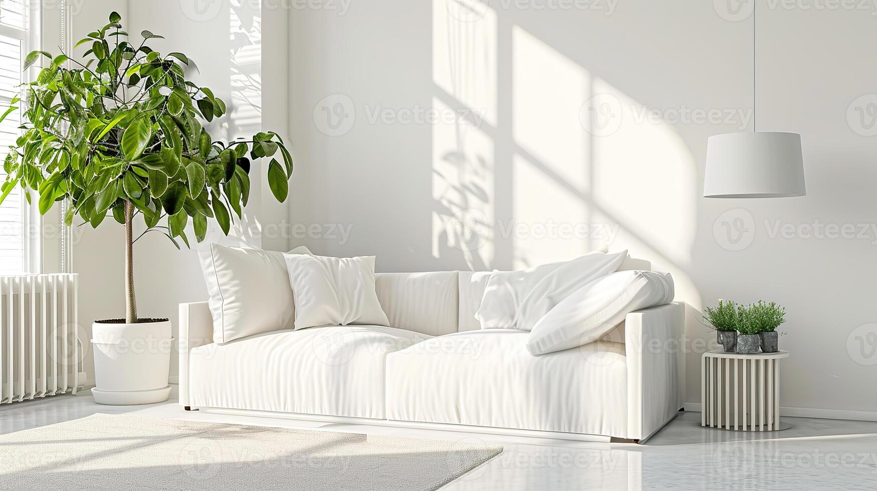 ai generado contemporáneo vivo espacio, elegante blanco sofá y planta diseño foto