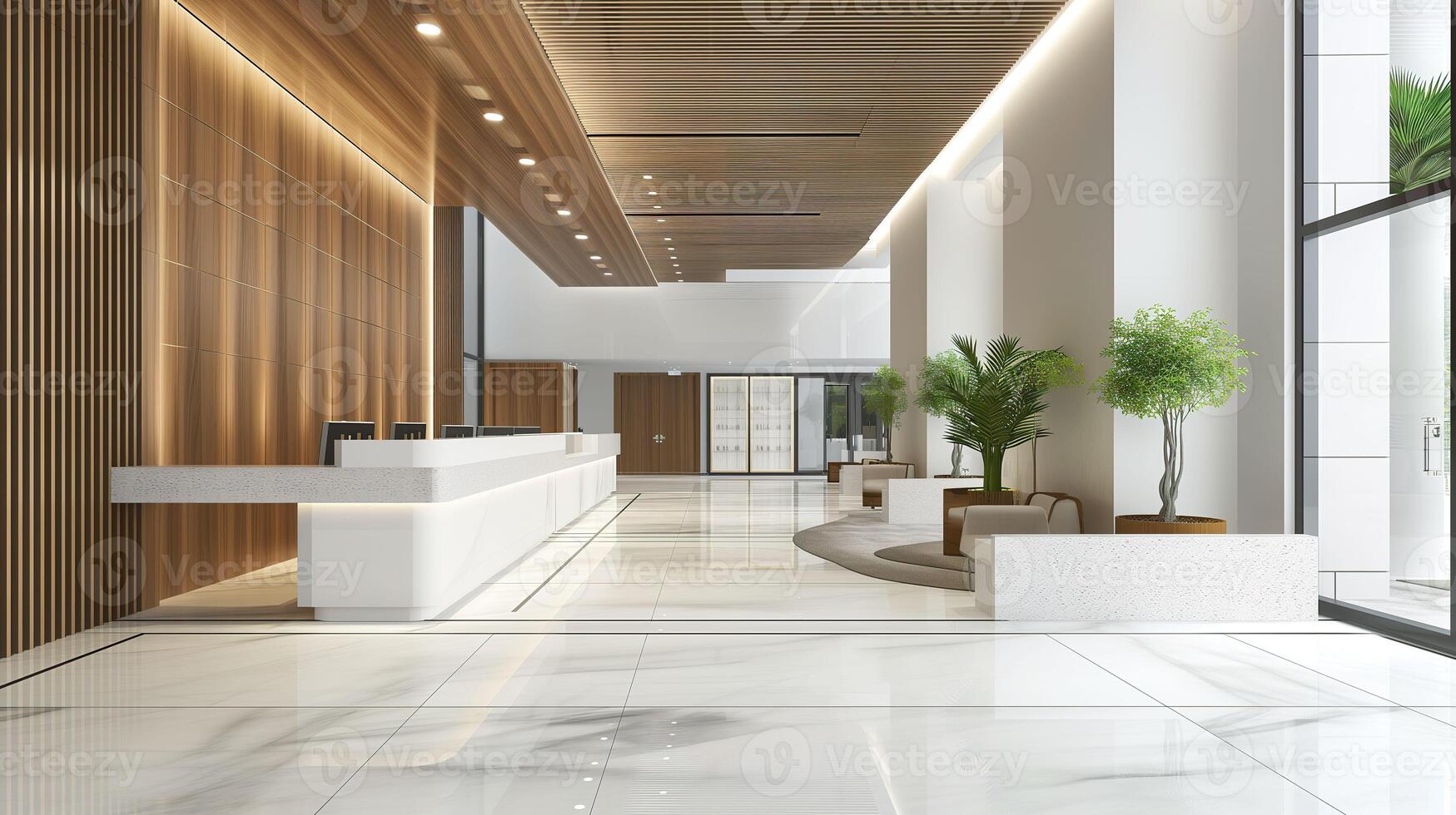 AI generated Spacious Elegance, Modern Reception Counter in a Luxury Contemporary Lobby photo