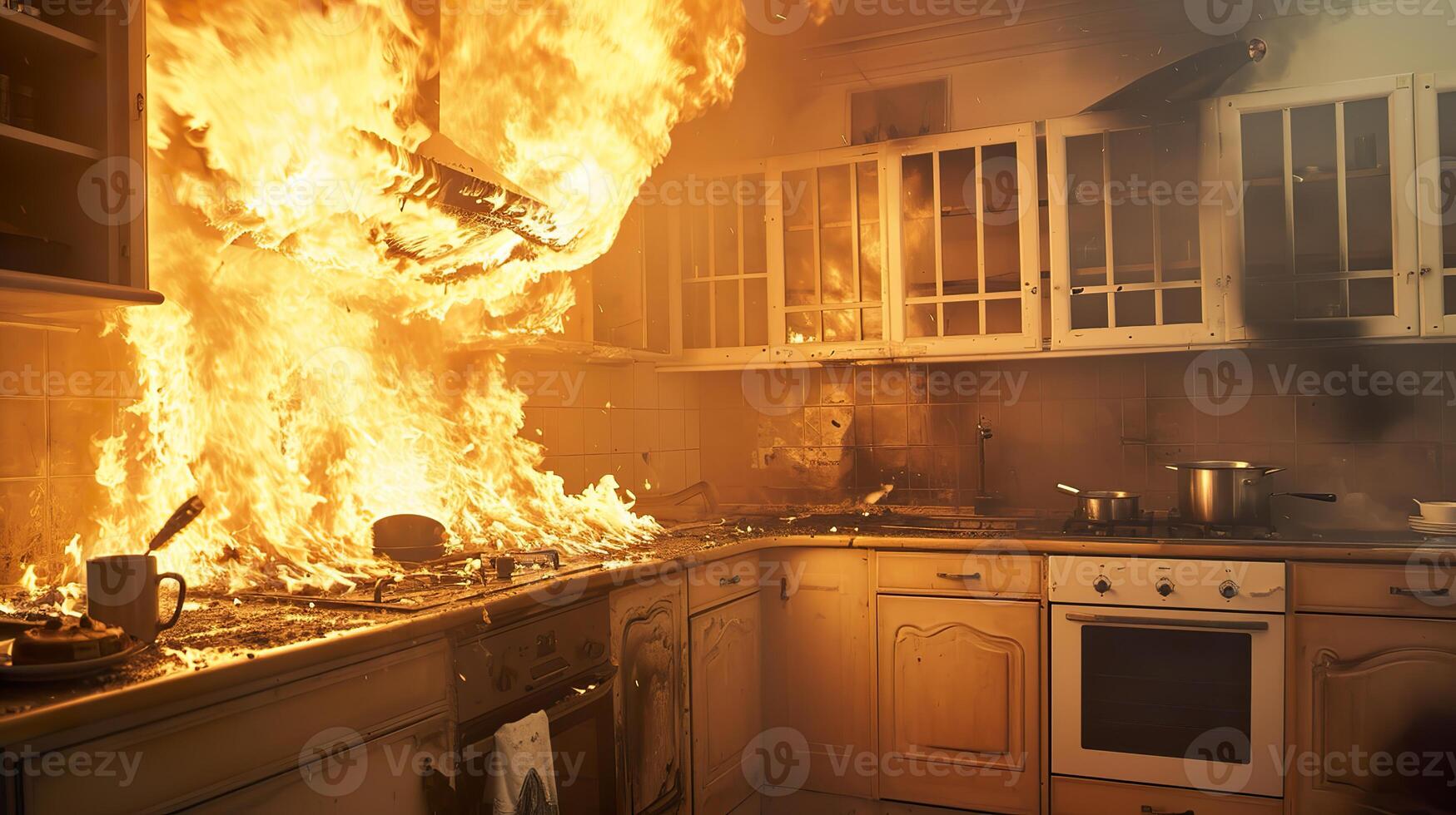 AI generated Escape the Burning Kitchen, Intense House Fire Disaster photo