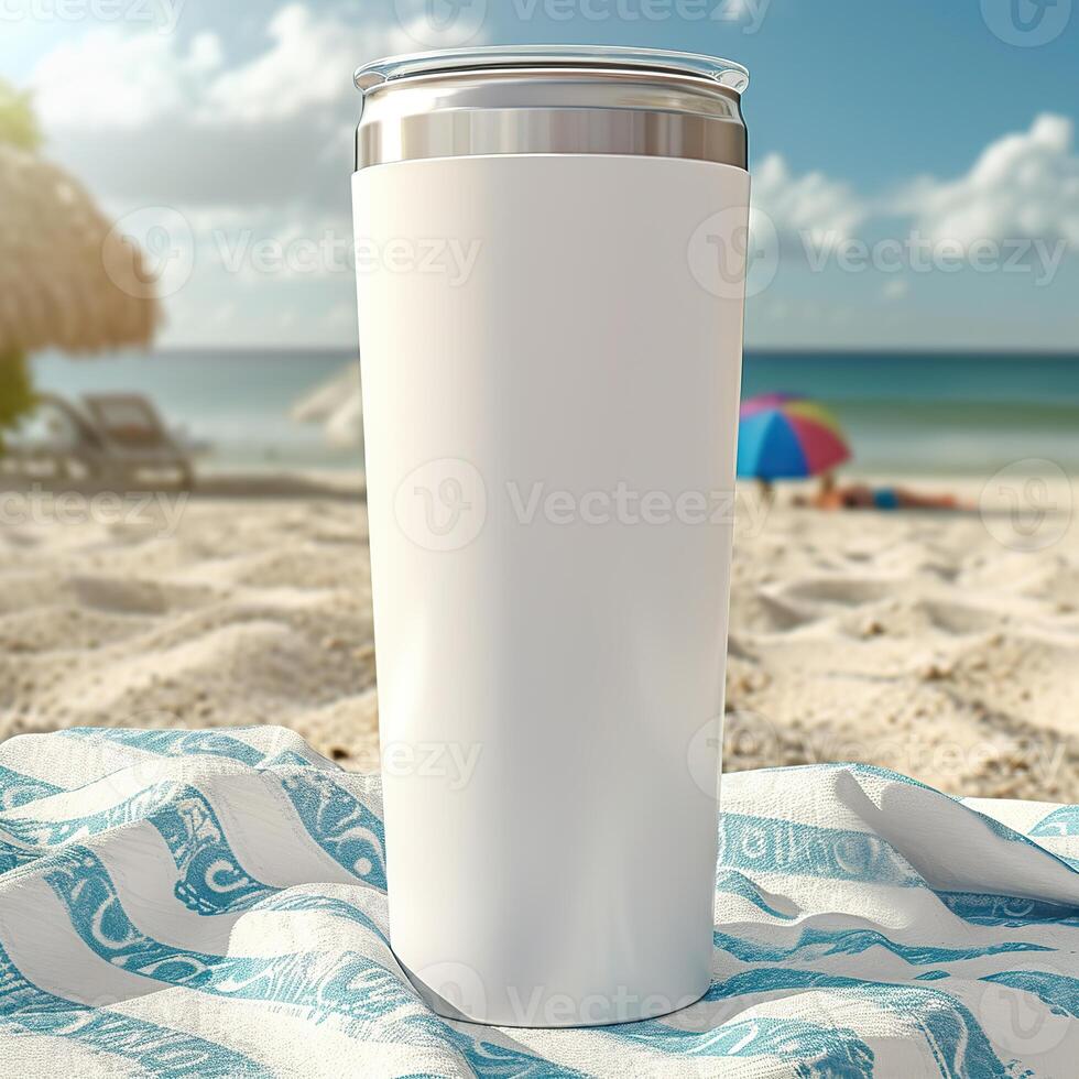 AI generated Beach Essentials, Blank White Tumbler on Sandy Towel photo