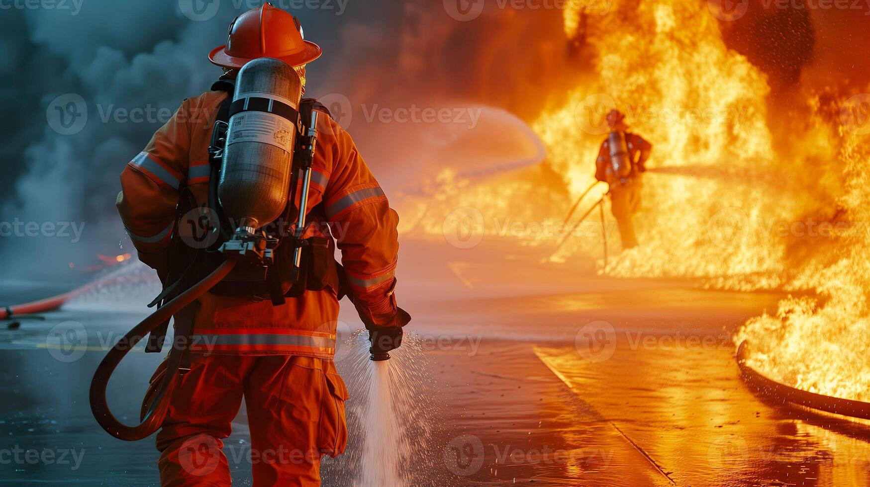 ai generado bombero capacitación, valiente bombero en acción con agua y extintor foto