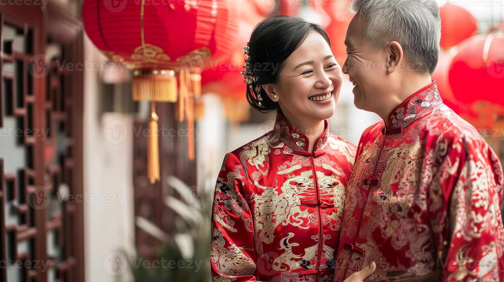 ai generado celebrando chino nuevo año, alegre asiático Pareja foto