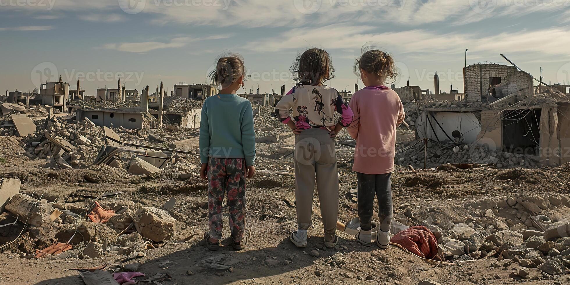 AI generated Resilient Innocence, Exploring War Torn Ruins with Children photo