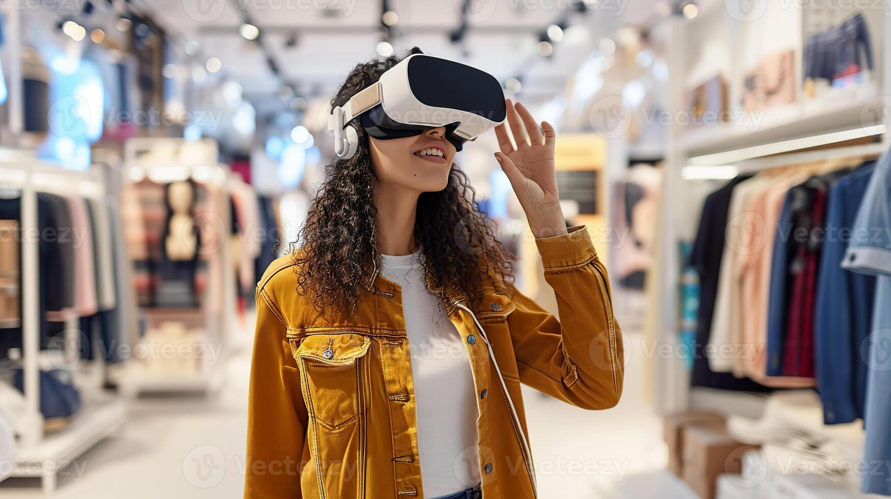 AI generated Metaverse Sustainability Exploration, Female Shopper in VR photo