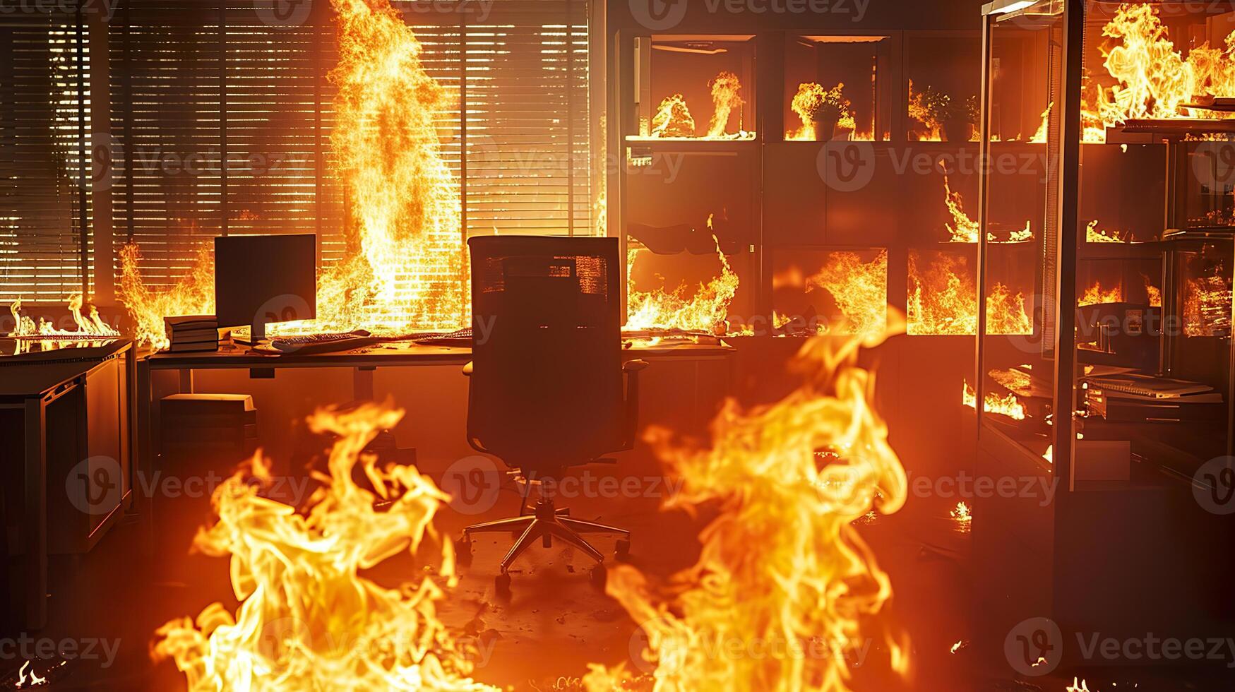ai generado escapar el ardiente oficina, intenso lugar de trabajo fuego desastre foto