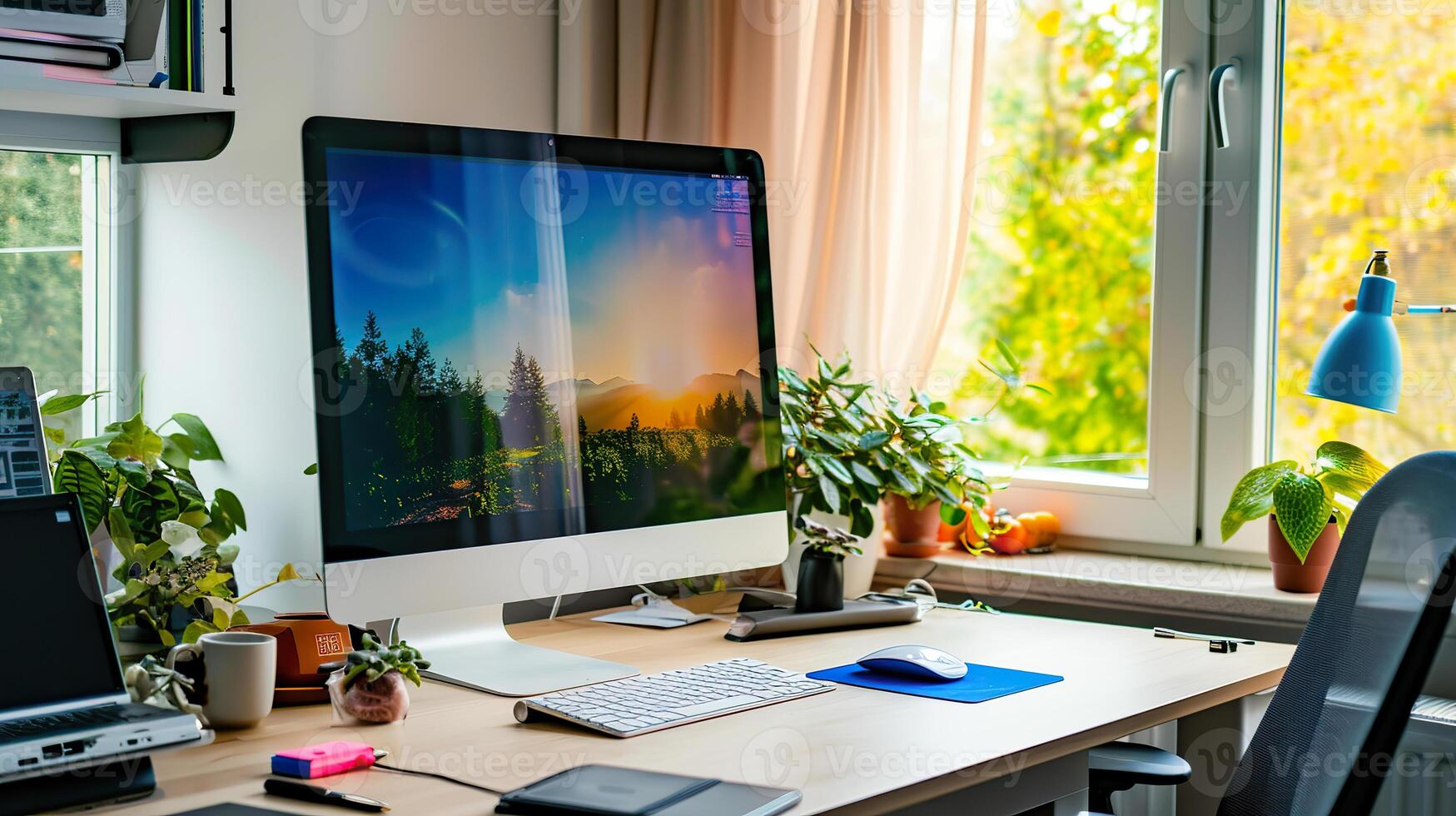 AI generated Modern Workspace, Desktop Computer on Desk by Window photo
