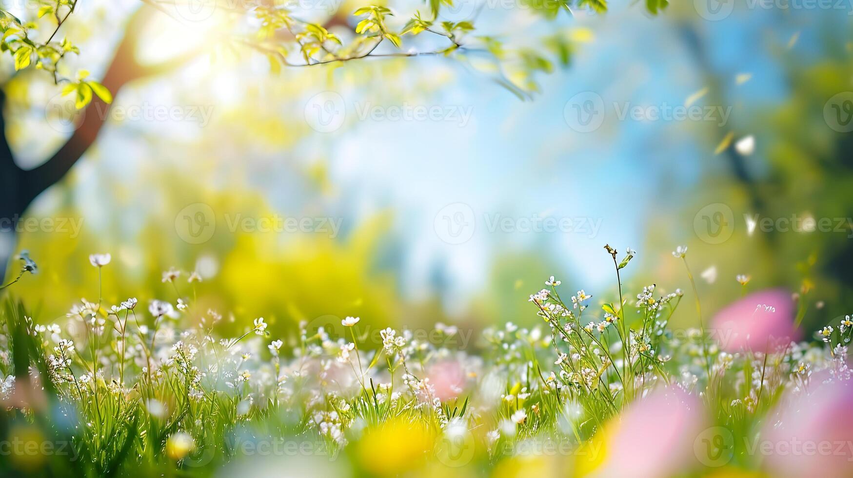 AI generated Sunny Day in Nature, Blurred Spring Background with Blooming Trees and Blue Sky photo