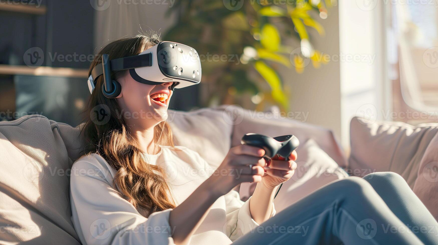 AI generated Gaming Bliss, European Woman Laughing and Having Fun with VR Entertainment photo