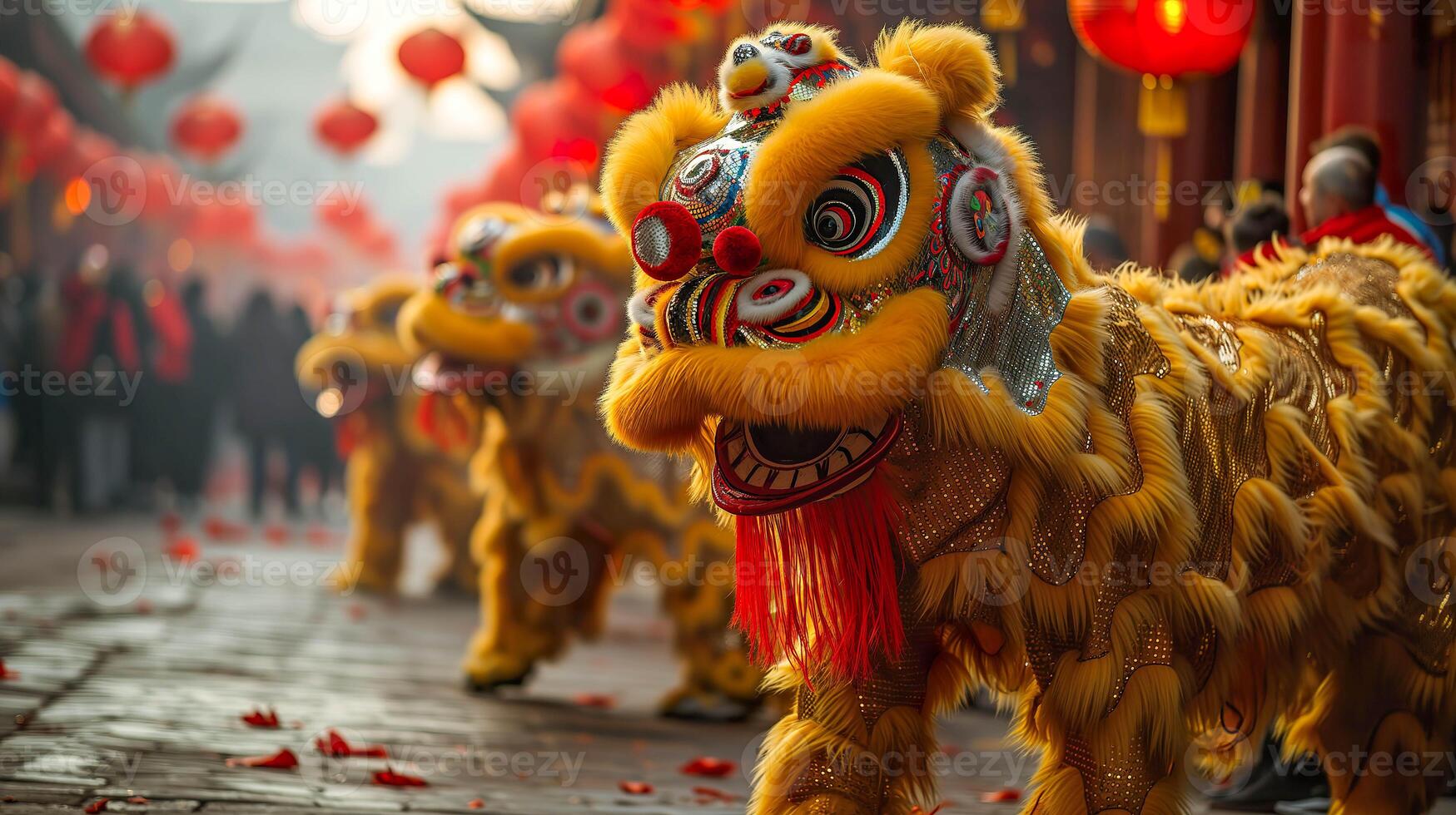 AI generated Lion Dance Celebration, Chinese New Year Tradition in Vibrant Form photo