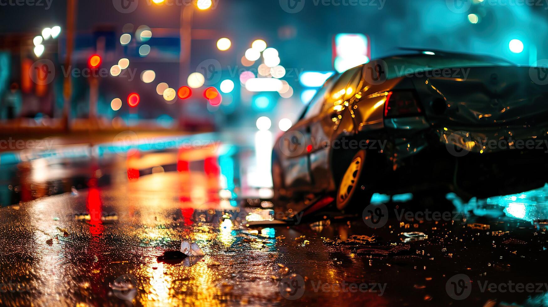 ai generado Noche peligro, coche choque accidente en el la carretera foto