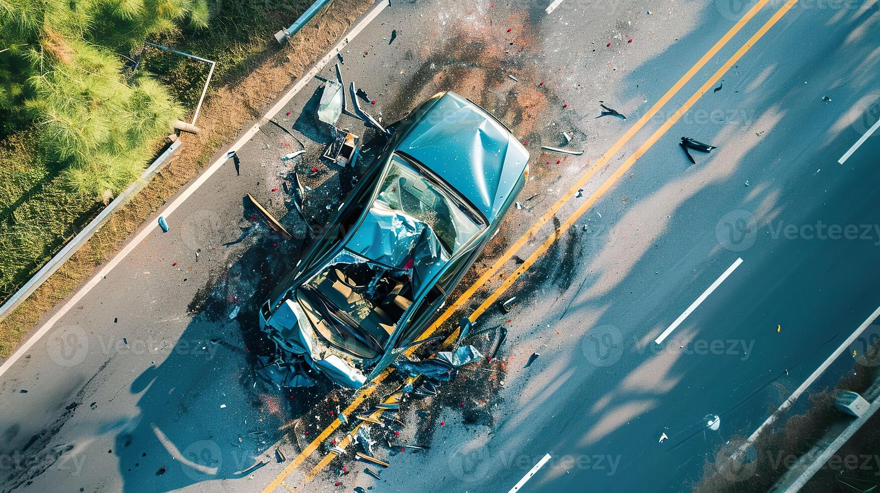 ai generado peligroso coche chocar, vista superior accidente en el la carretera foto