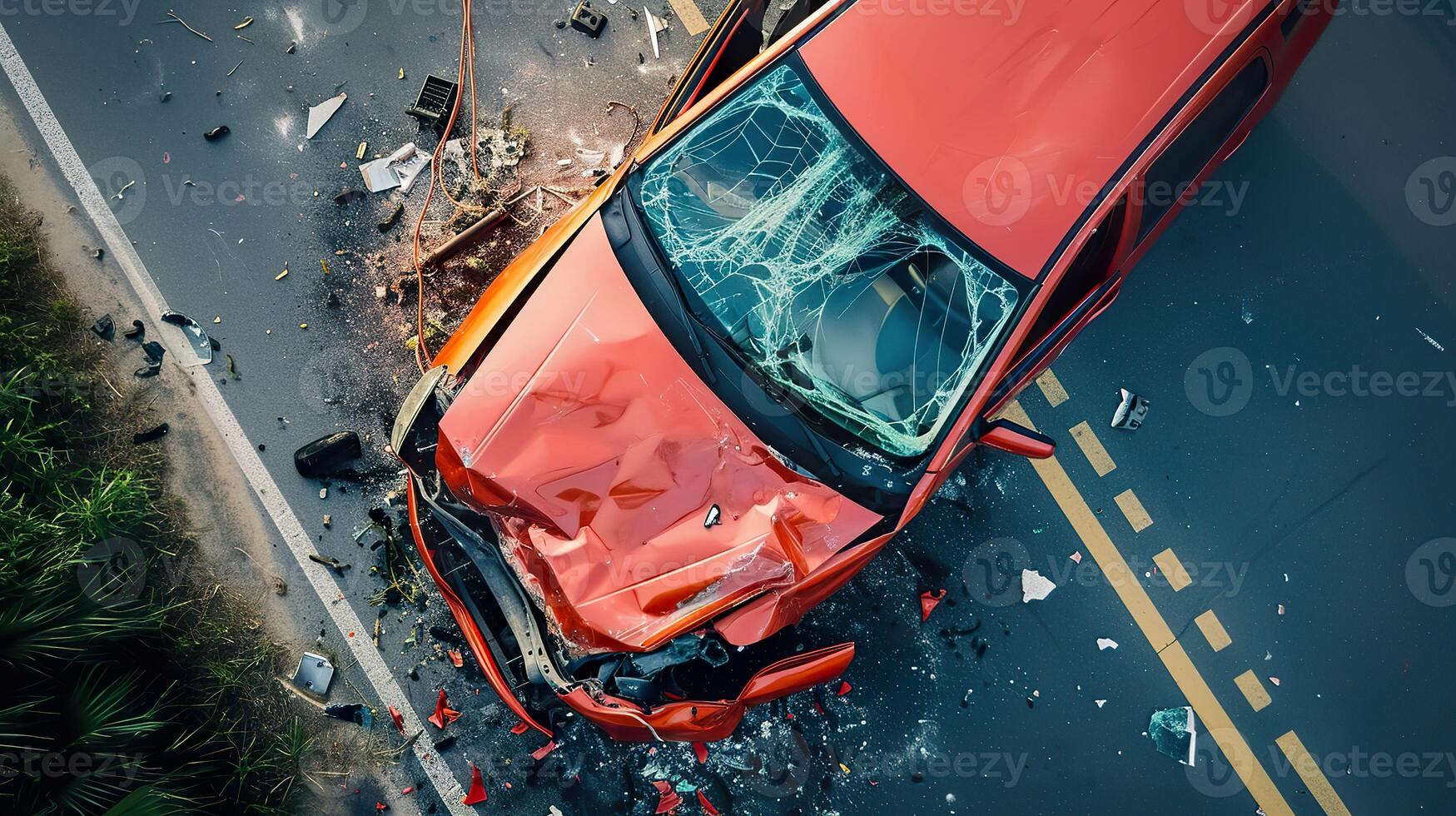 ai generado peligroso coche chocar, vista superior accidente en el la carretera foto