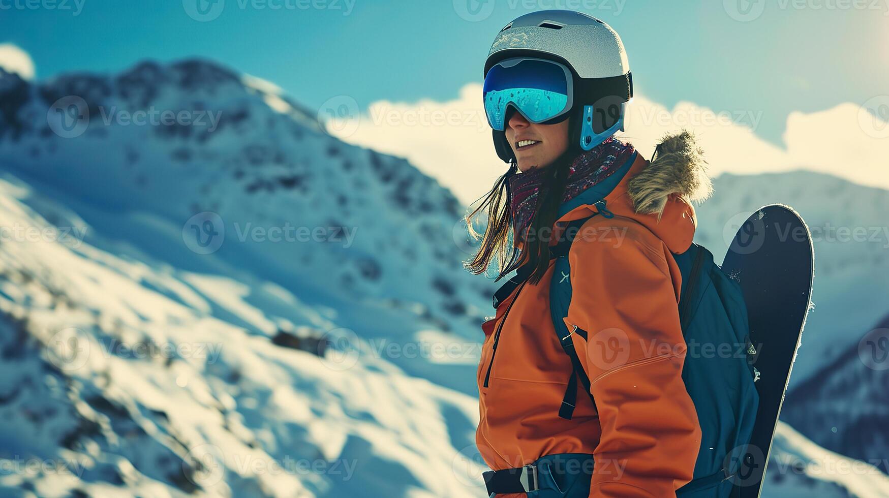 AI generated Ski Resort Bliss, Young Snowboarder Enjoying the Alpine Ride photo