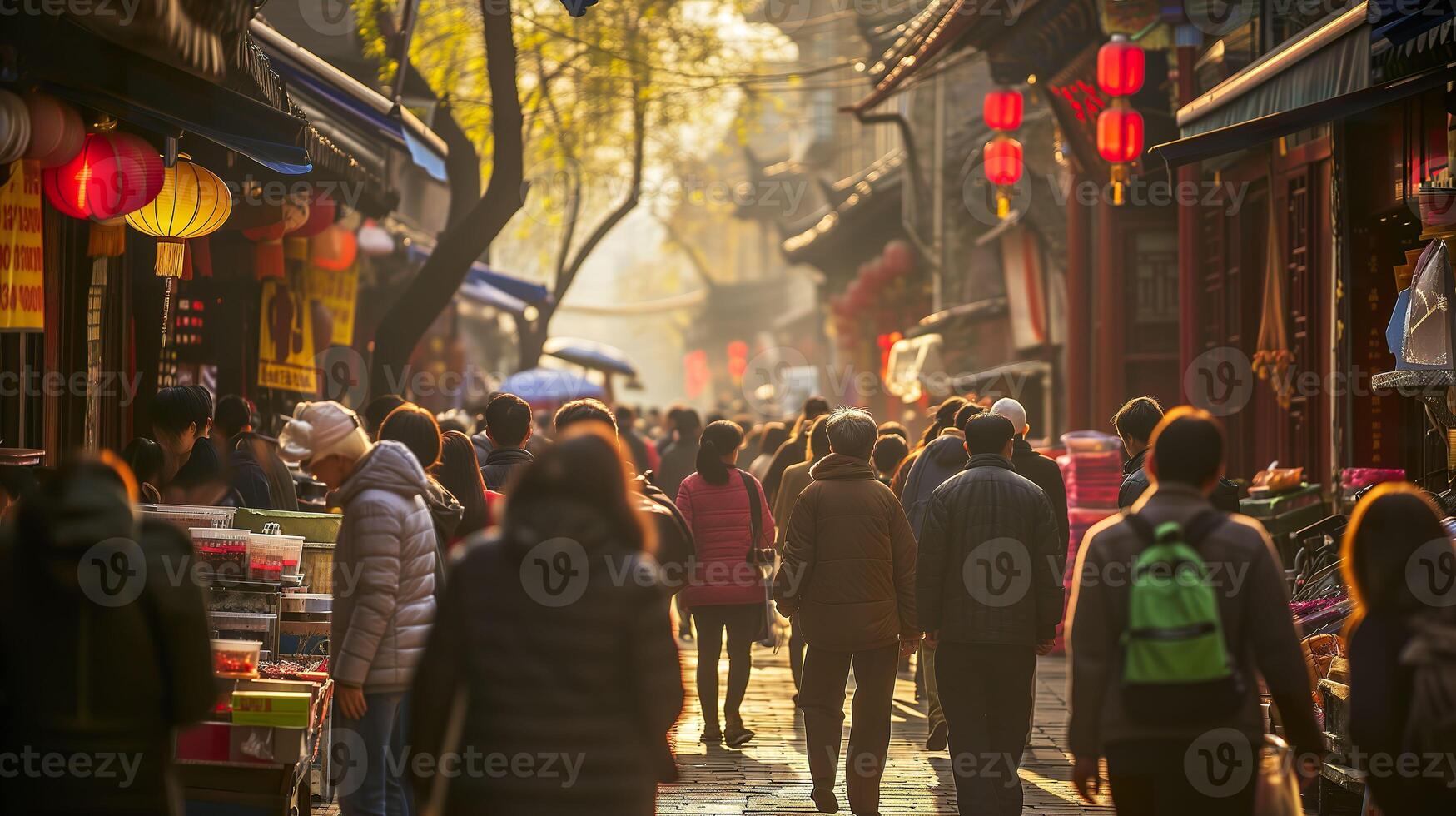 ai generado Beijing calle mercado, auténtico comida escena con chino turistas foto