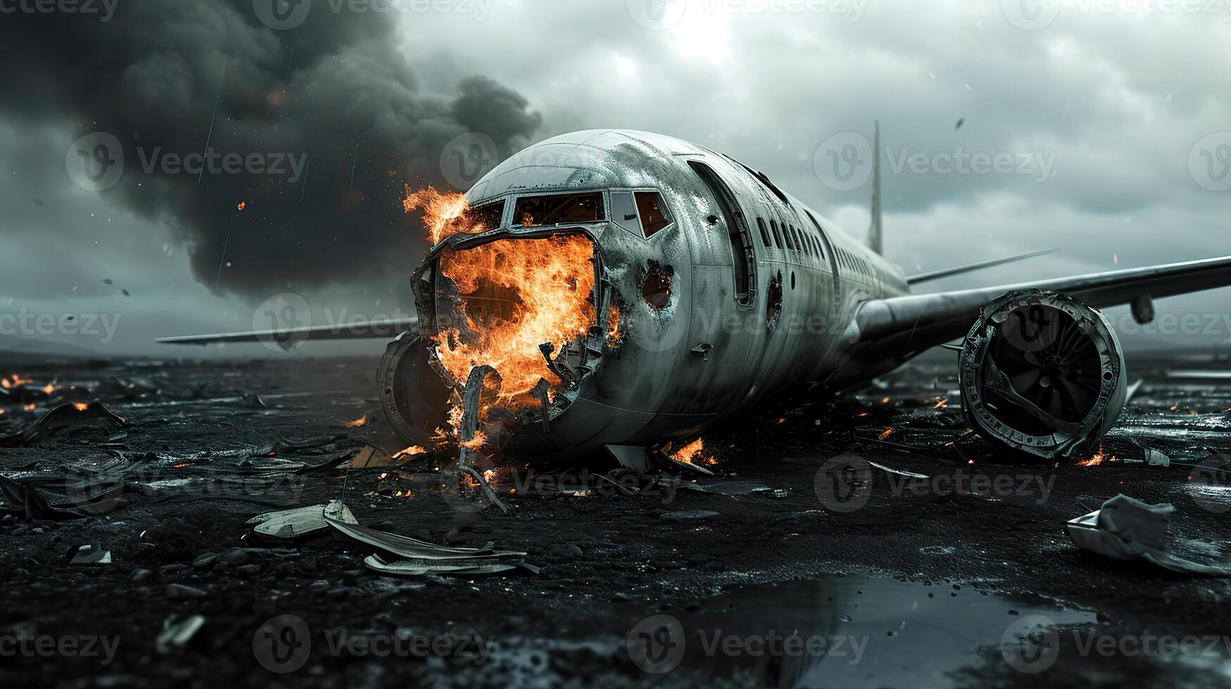 AI generated Airplane Crash Disaster, Burning Plane Wreckage Aftermath photo