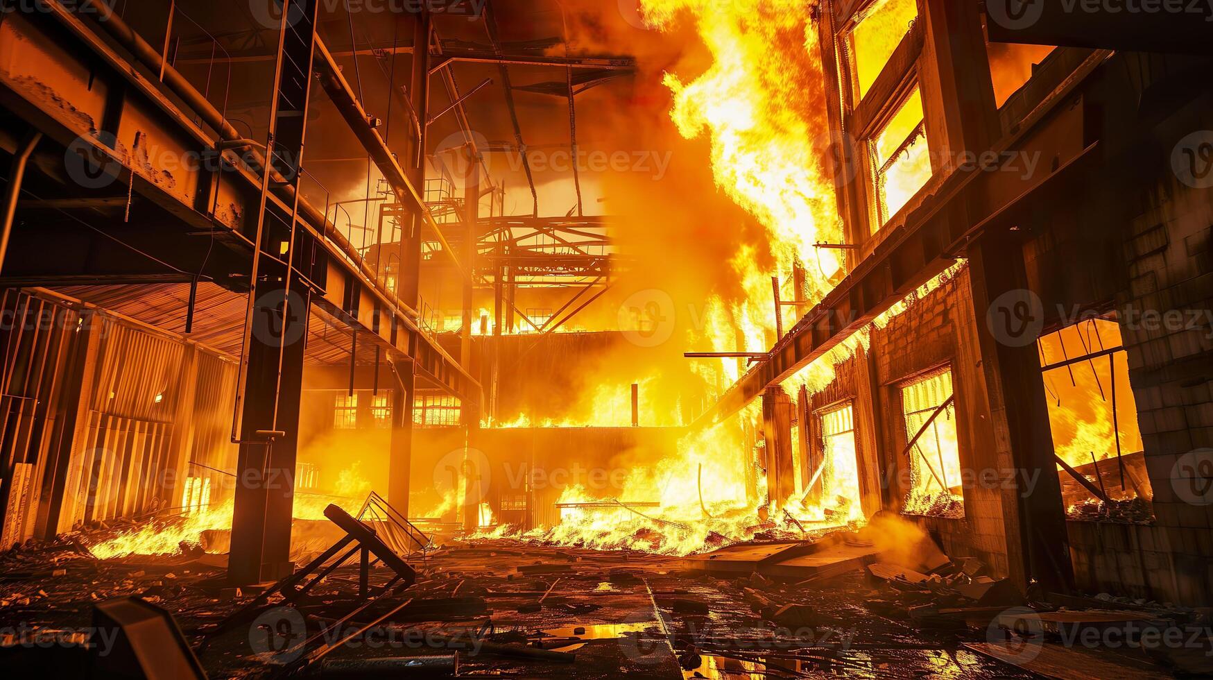AI generated Fiery Disaster, Intense Flames in Industrial Setting photo