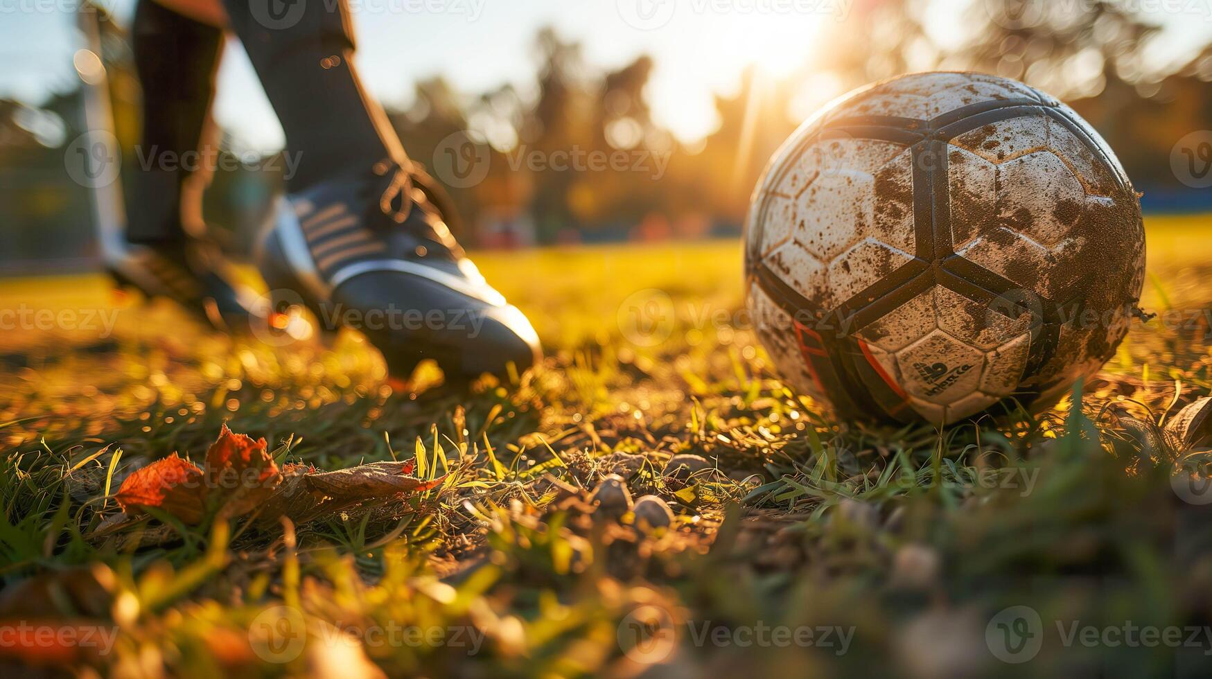 AI generated Soccer Action, Side View of Football Boot Kicking Ball photo