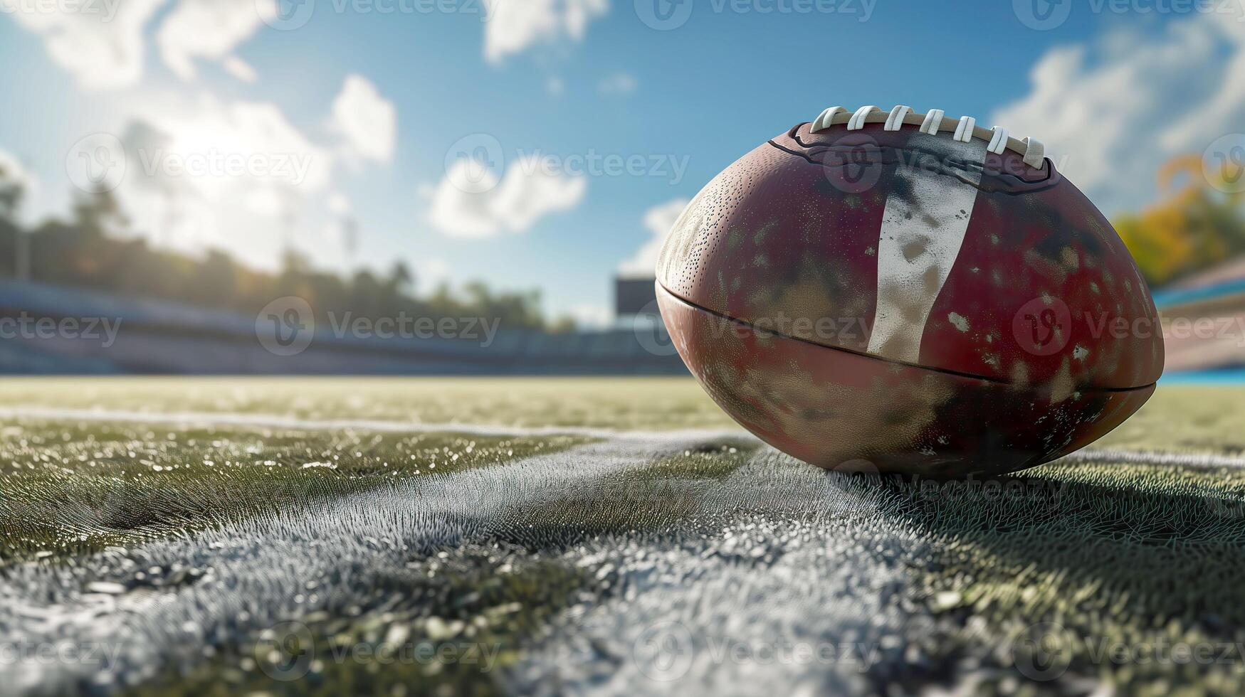 ai generado amplio ángulo vista, americano fútbol americano estadio con pelota en suelo foto