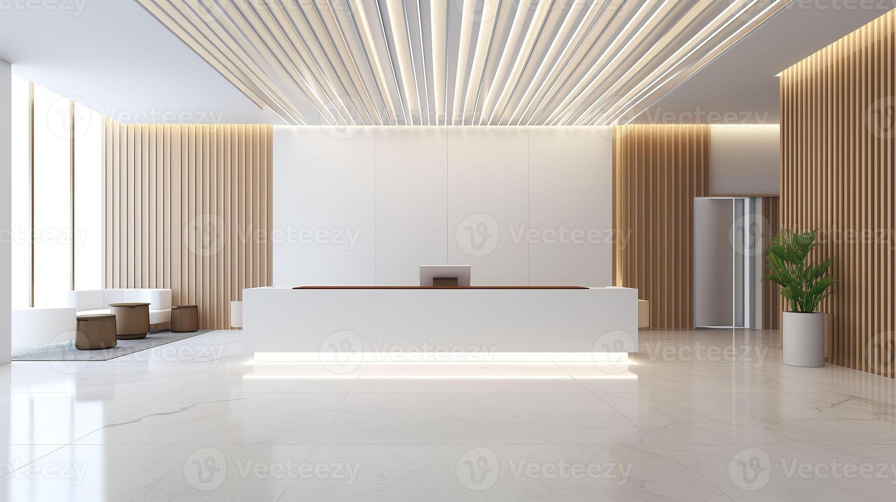 AI generated Spacious Elegance, Modern Reception Counter in a Luxury Contemporary Lobby photo