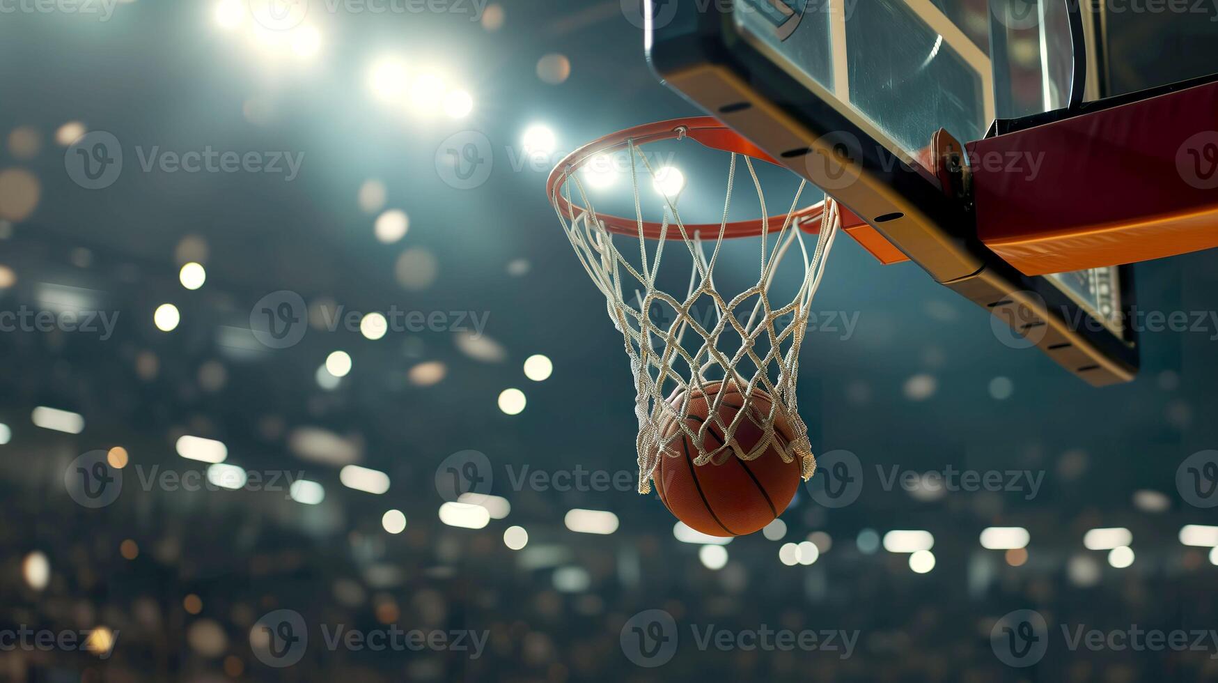 ai generado un cesta pelota moscas dentro el cesta en contra el antecedentes de un baloncesto arena foto