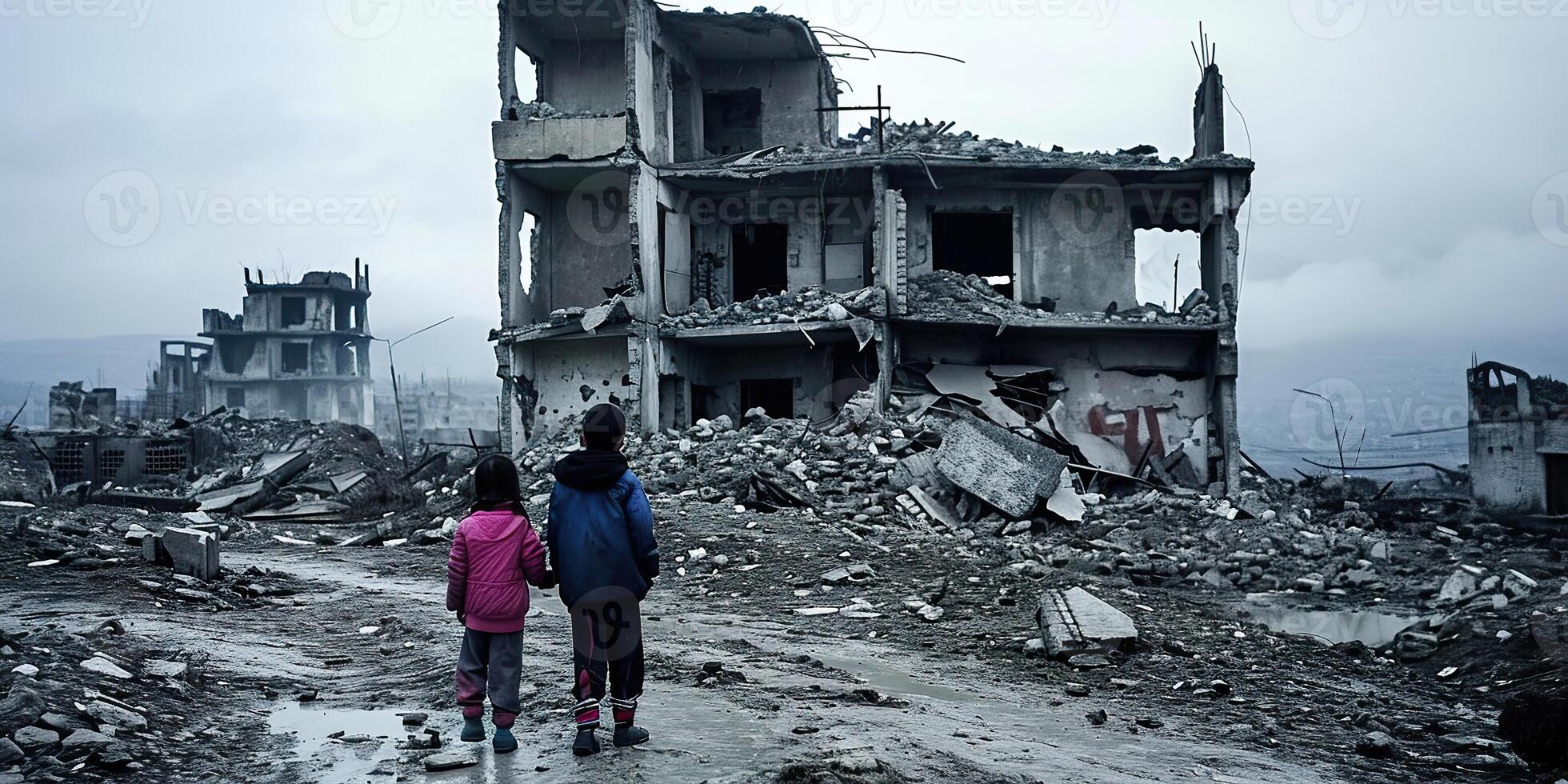 AI generated Resilient Innocence, Exploring War Torn Ruins with Children photo