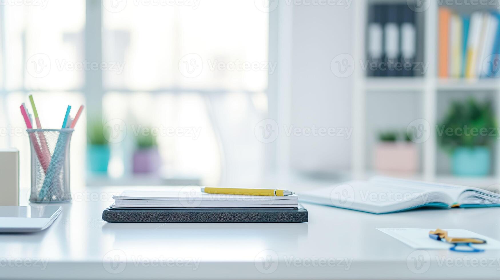 AI generated Cropped Shot of a Cozy Study Room with White Table, Books, and Stationery photo