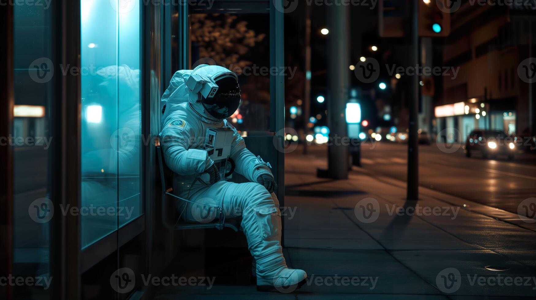 AI generated Cosmic Solitude, Astronaut Contemplating at Night Bus Stop photo
