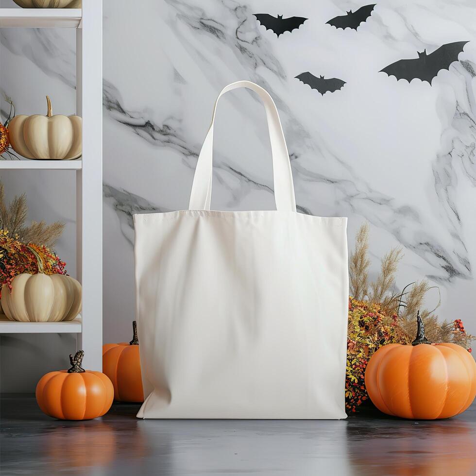 AI generated Tote Bag in Halloween Scene, Blank Mockup with Spooky Element photo
