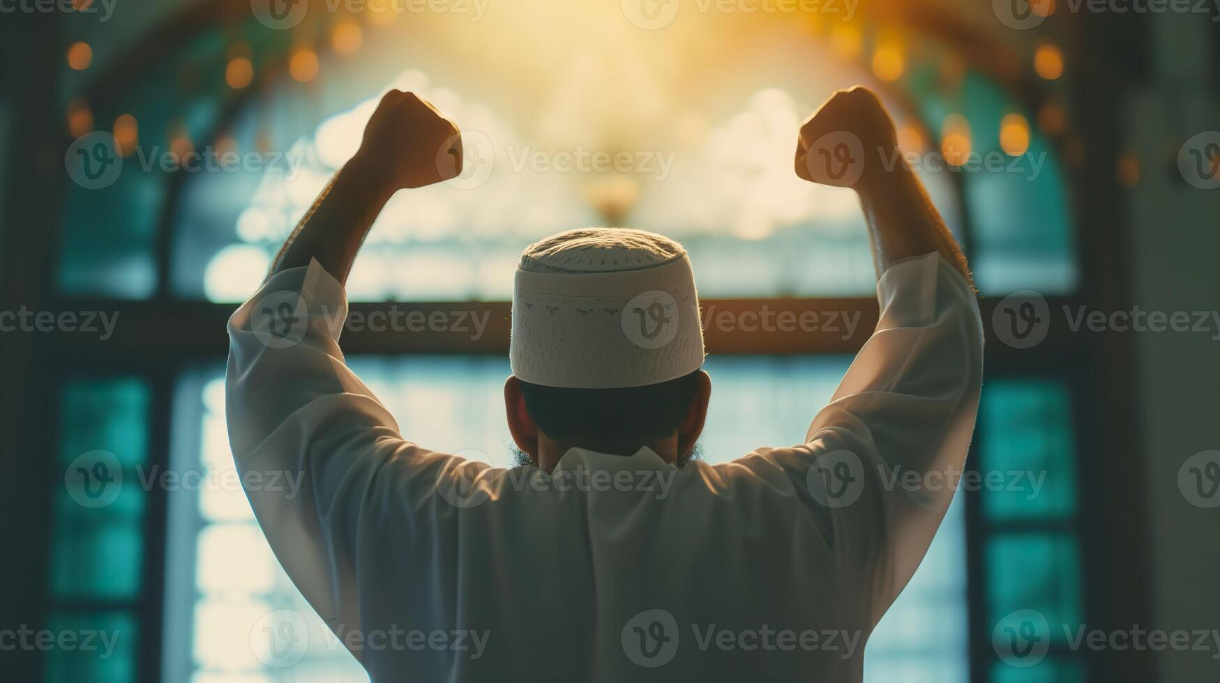 AI generated Success Celebration, Victorious Man in Hijab Clenching Hands photo