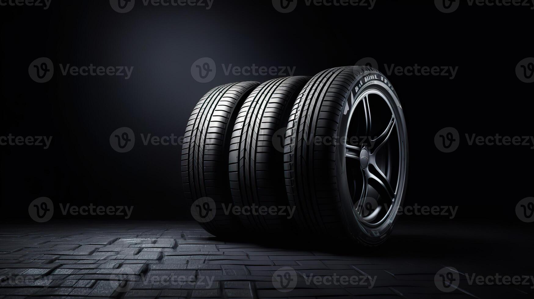 AI generated New Car Tires Banner, Automotive Parts on Dark Background with Copy Space photo