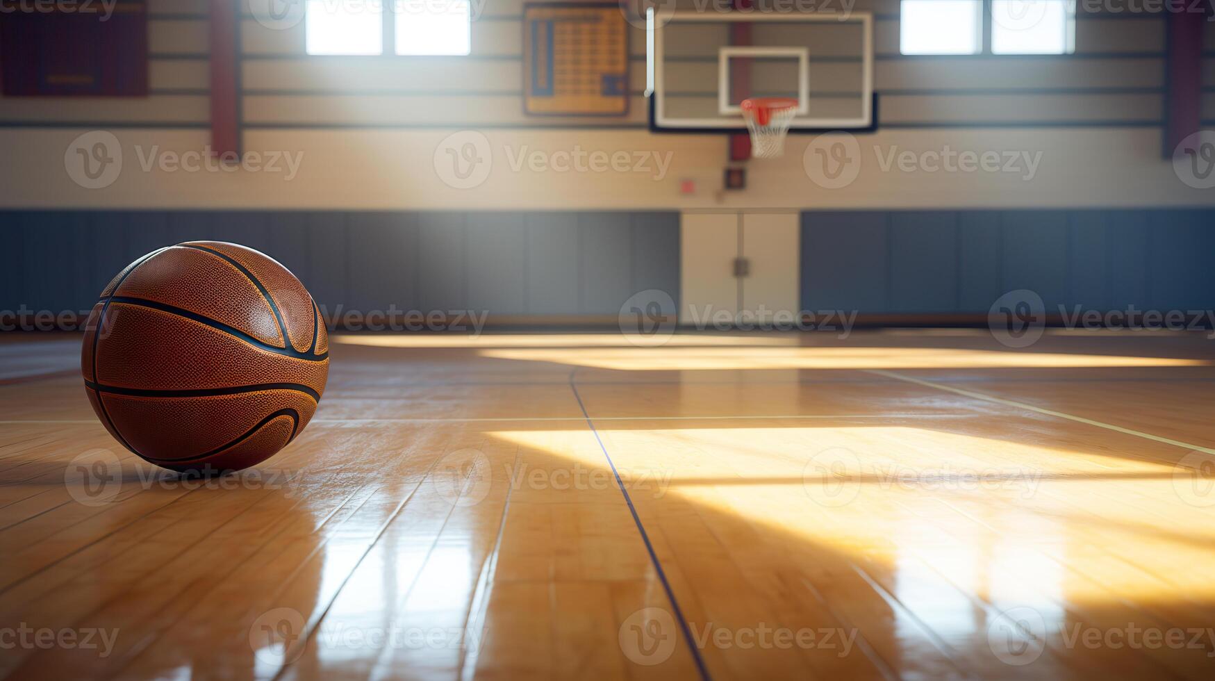 ai generado colegio gimnasio romper, baloncesto descansando en el piso foto