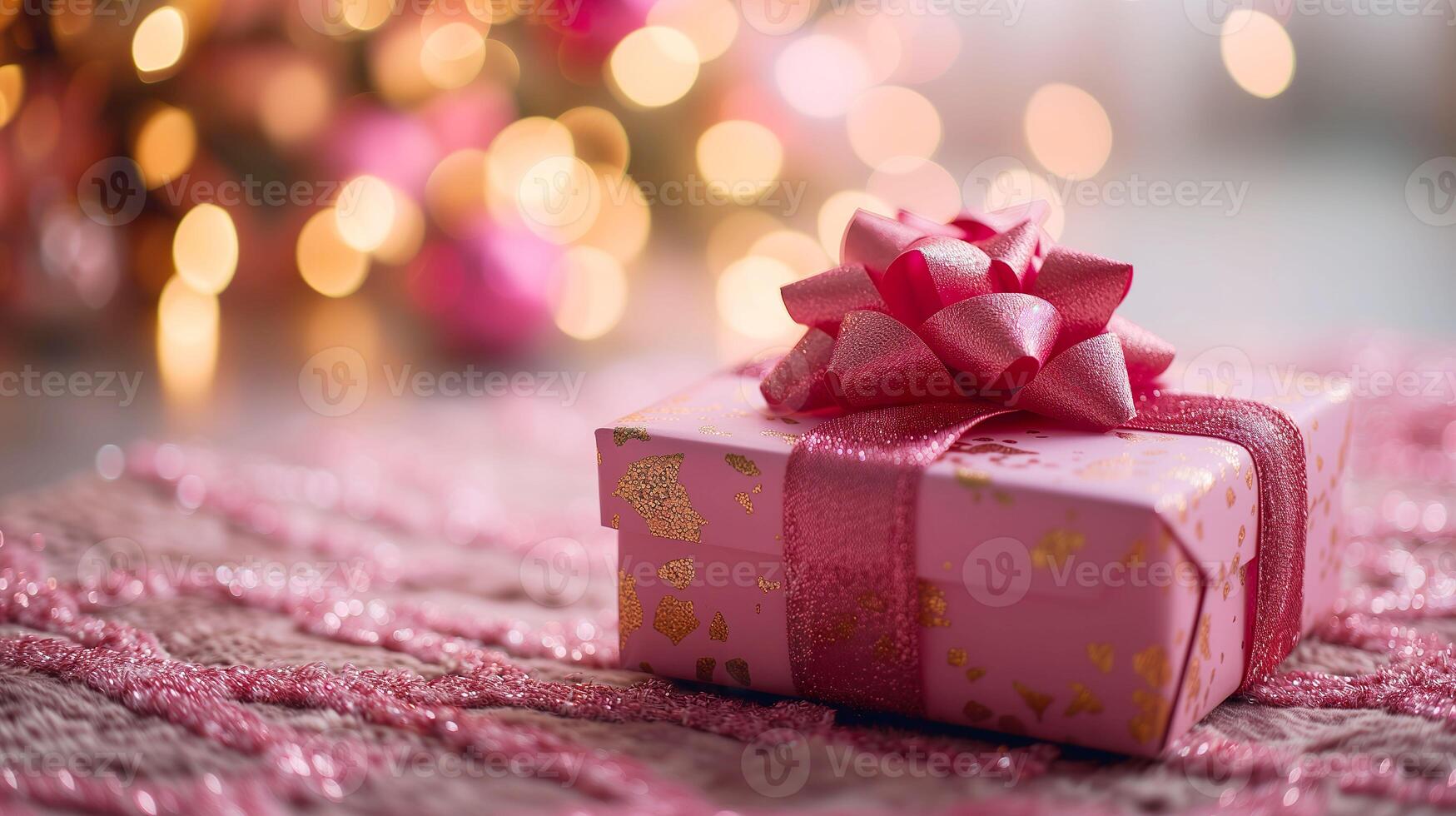 AI generated Elegant Pink Gift Box on Pink and Gold Blurred Background photo