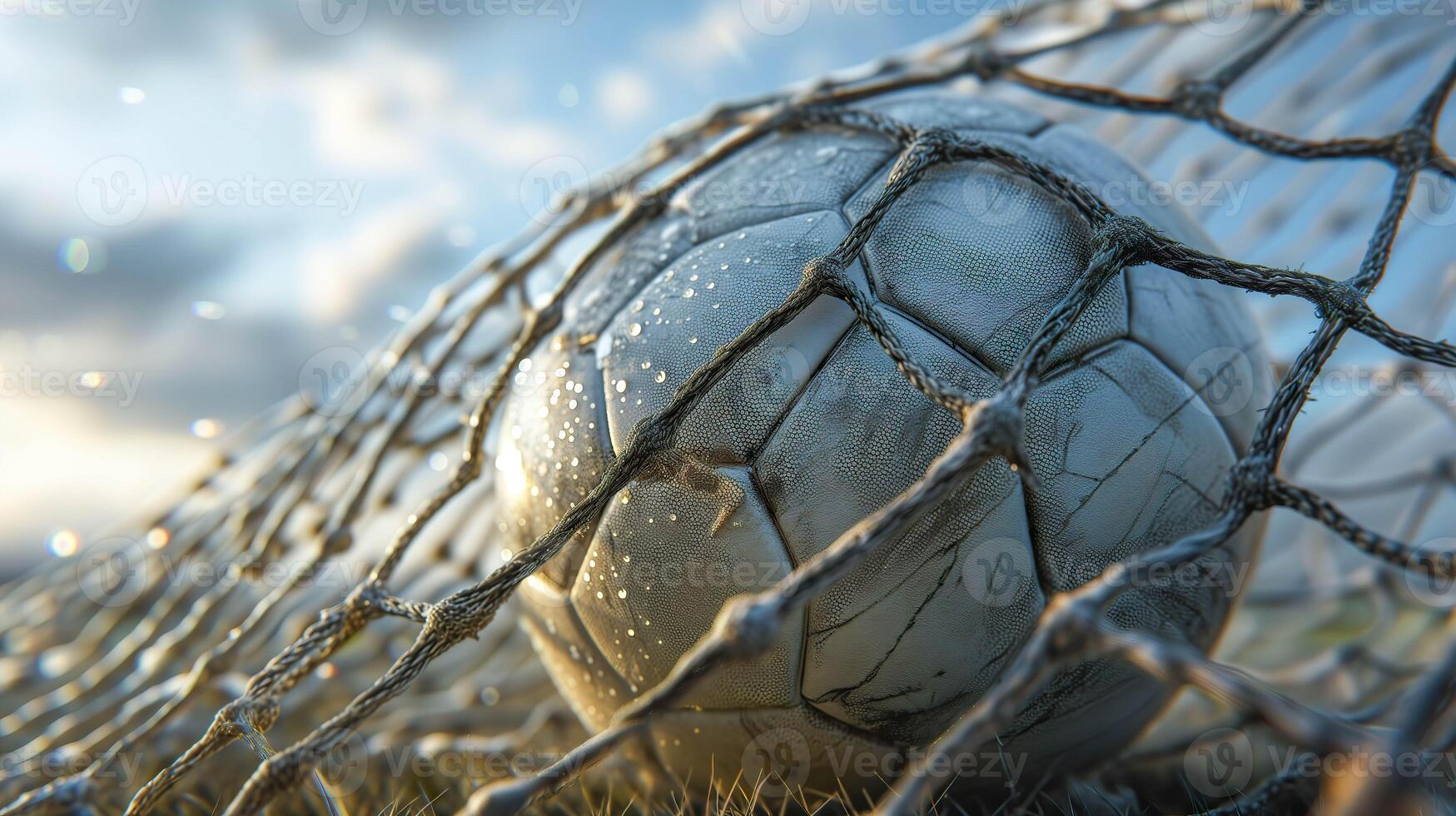 ai generado fútbol pelota rotura objetivo neto, dinámica Deportes momento foto