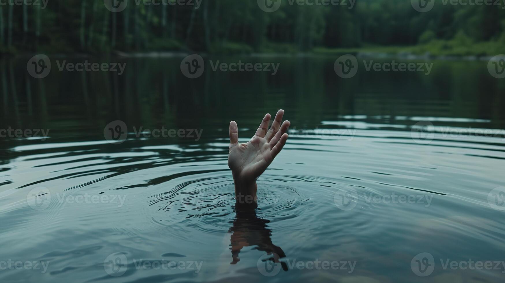 AI generated Reaching Hand Emerges from Mysterious Lake Depths photo