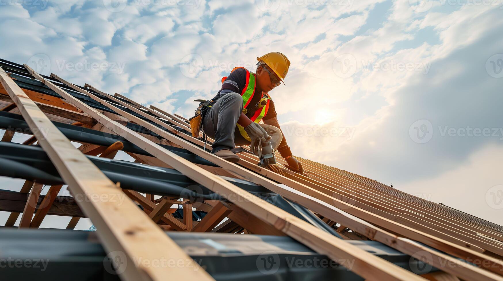 AI generated Construction Worker Safety, Rooftop Project with Seat Belt photo