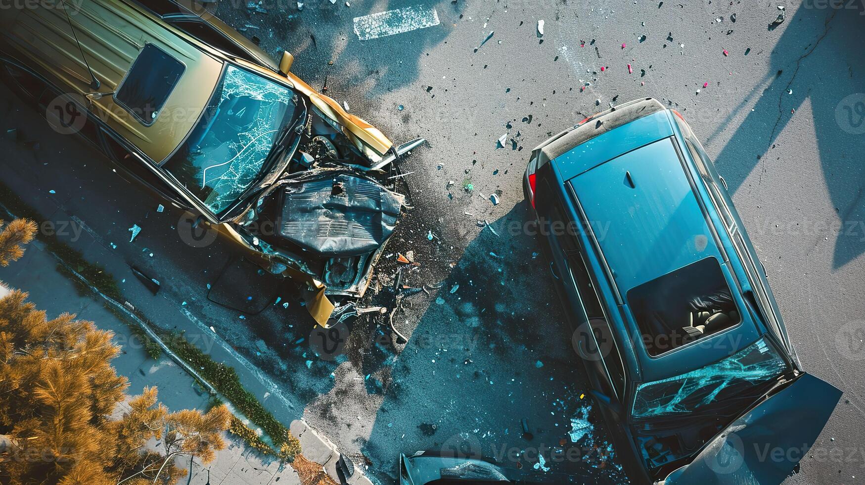 ai generado peligroso coche chocar, vista superior accidente en el la carretera foto