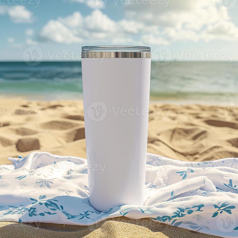 AI generated Beach Essentials, Blank White Tumbler on Sandy Towel photo