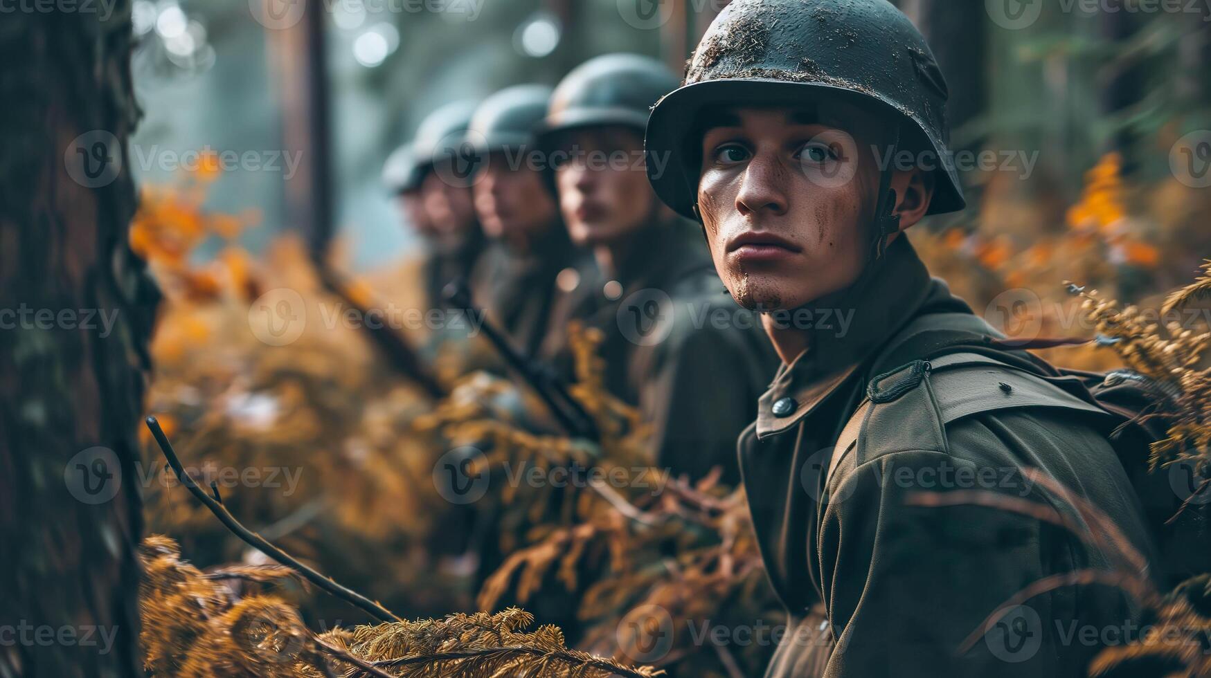 AI generated Group of young soldiers in military uniform standing in a forest photo