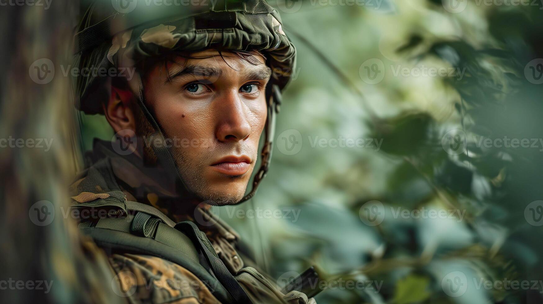ai generado joven soldado en militar uniforme, sin emociones bosque mirar fijamente foto
