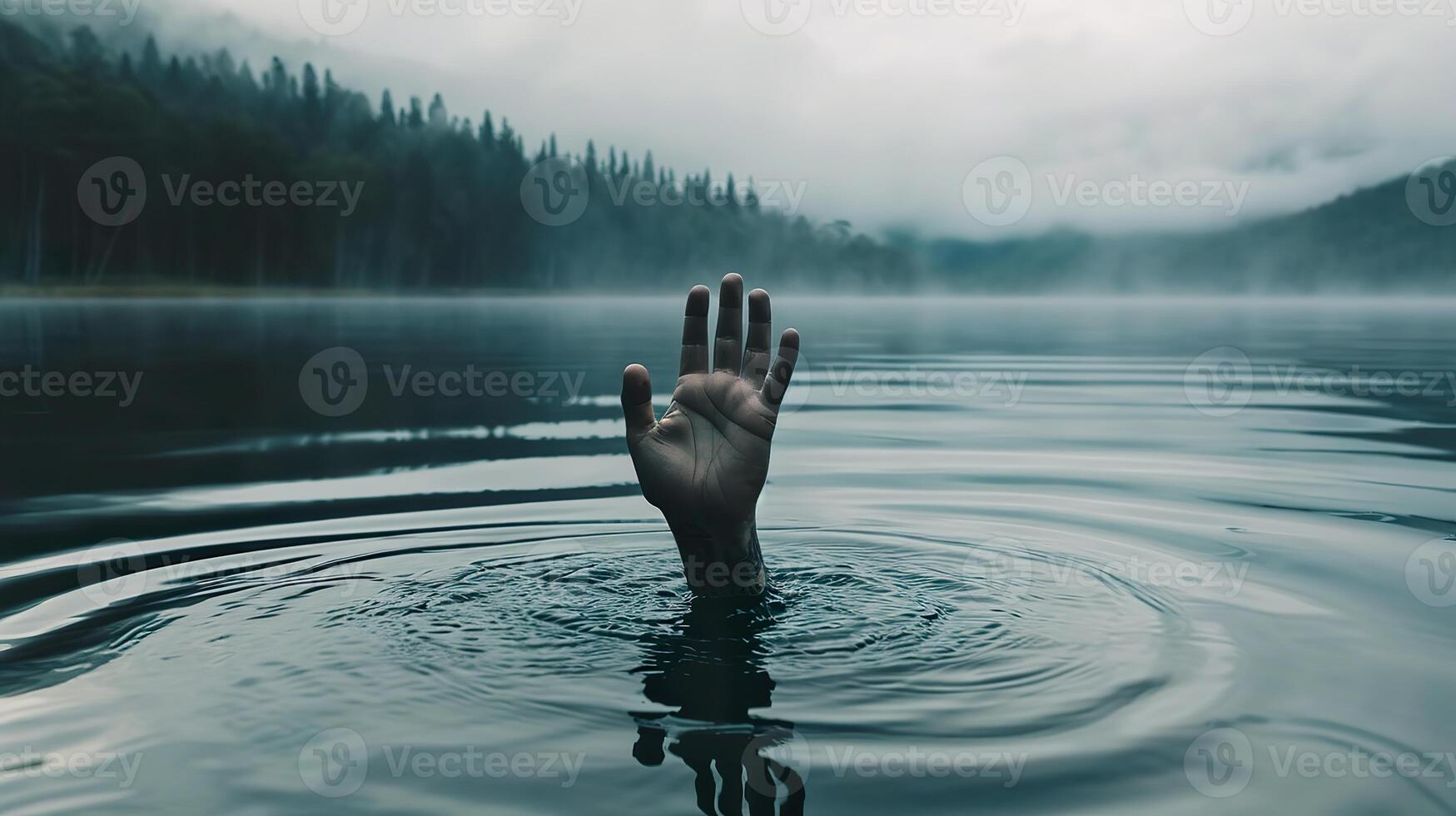 AI generated Reaching Hand Emerges from Mysterious Lake Depths photo