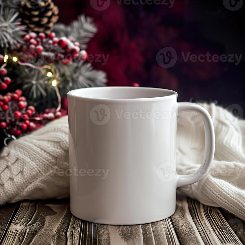 AI generated Cozy Holidays Begin, Plain White Mug in a Christmas Background photo
