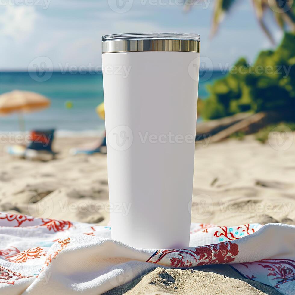 AI generated Beach Essentials, Blank White Tumbler on Sandy Towel photo