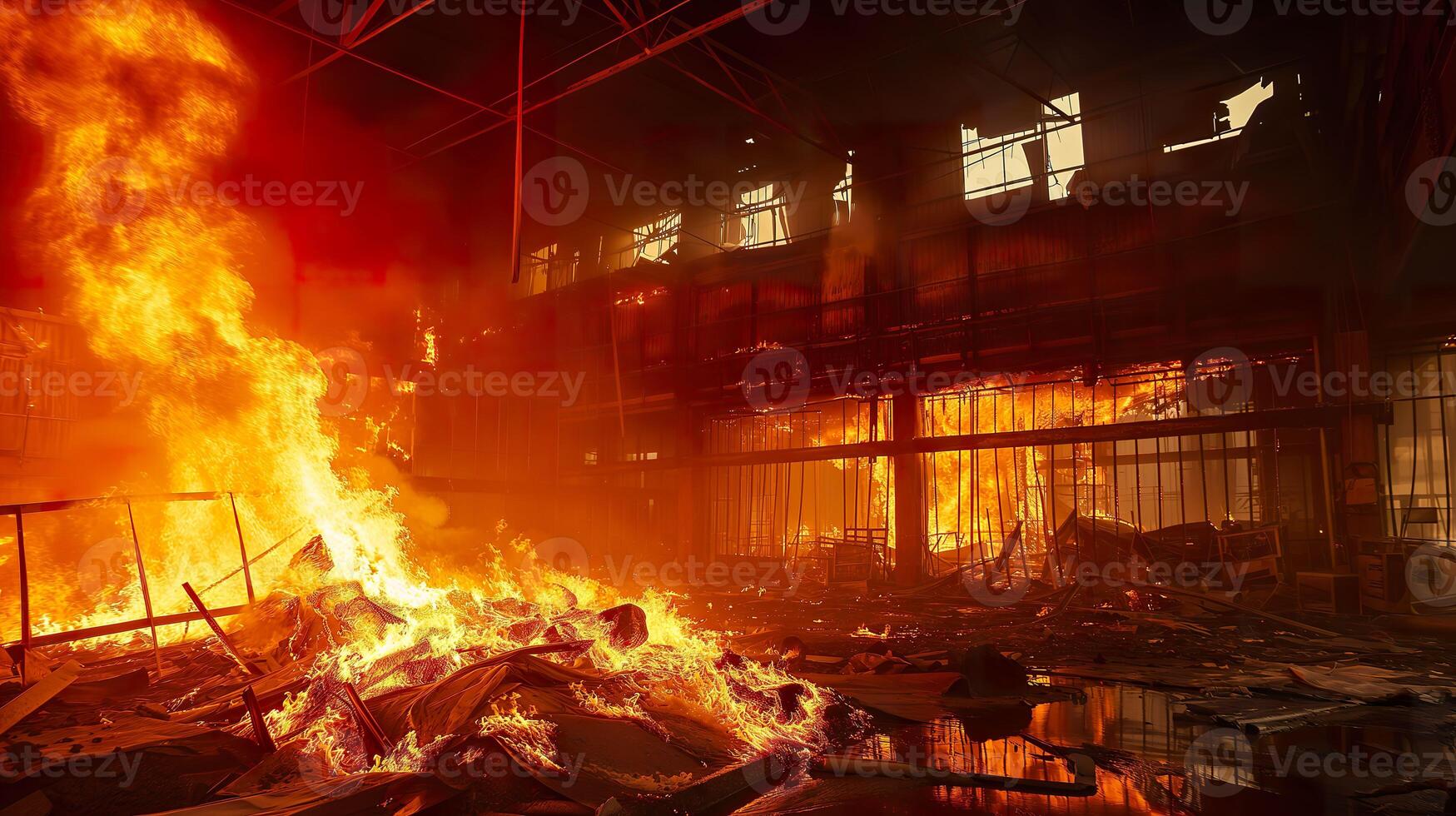 AI generated Fiery Disaster, Intense Flames in Industrial Setting photo